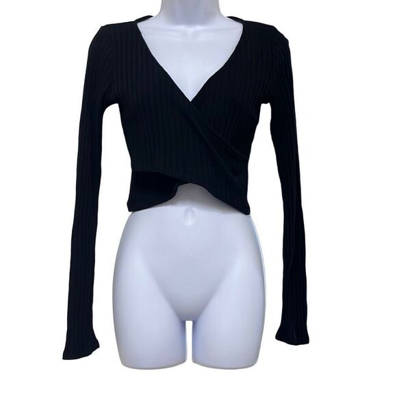 Project Social T Black Crop Top Faux Wrap Ribbed Long Sleeve Medium NWT $68 MSRP - Picture 1 of 9